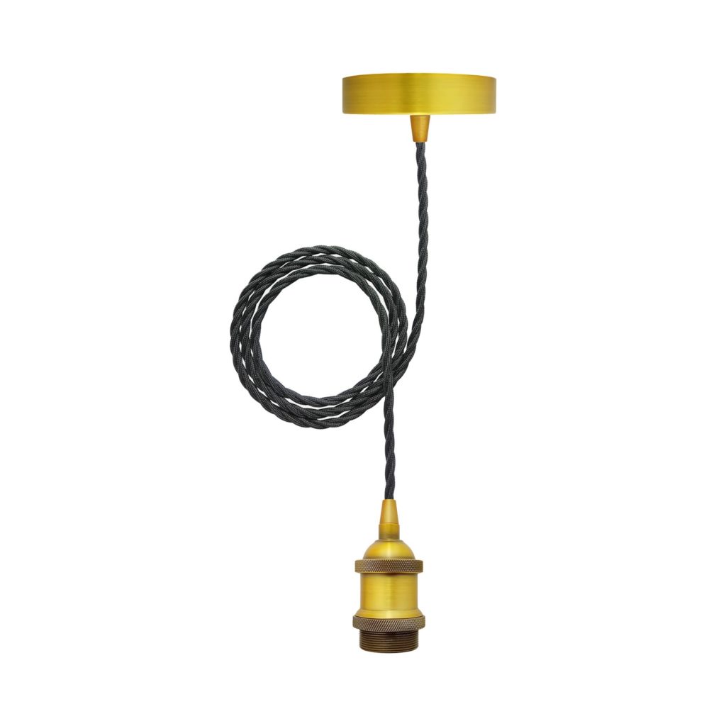 Modern Antique Gold Ceiling Pendant Light With Black Twisted Flex And ES E27 Lampholder