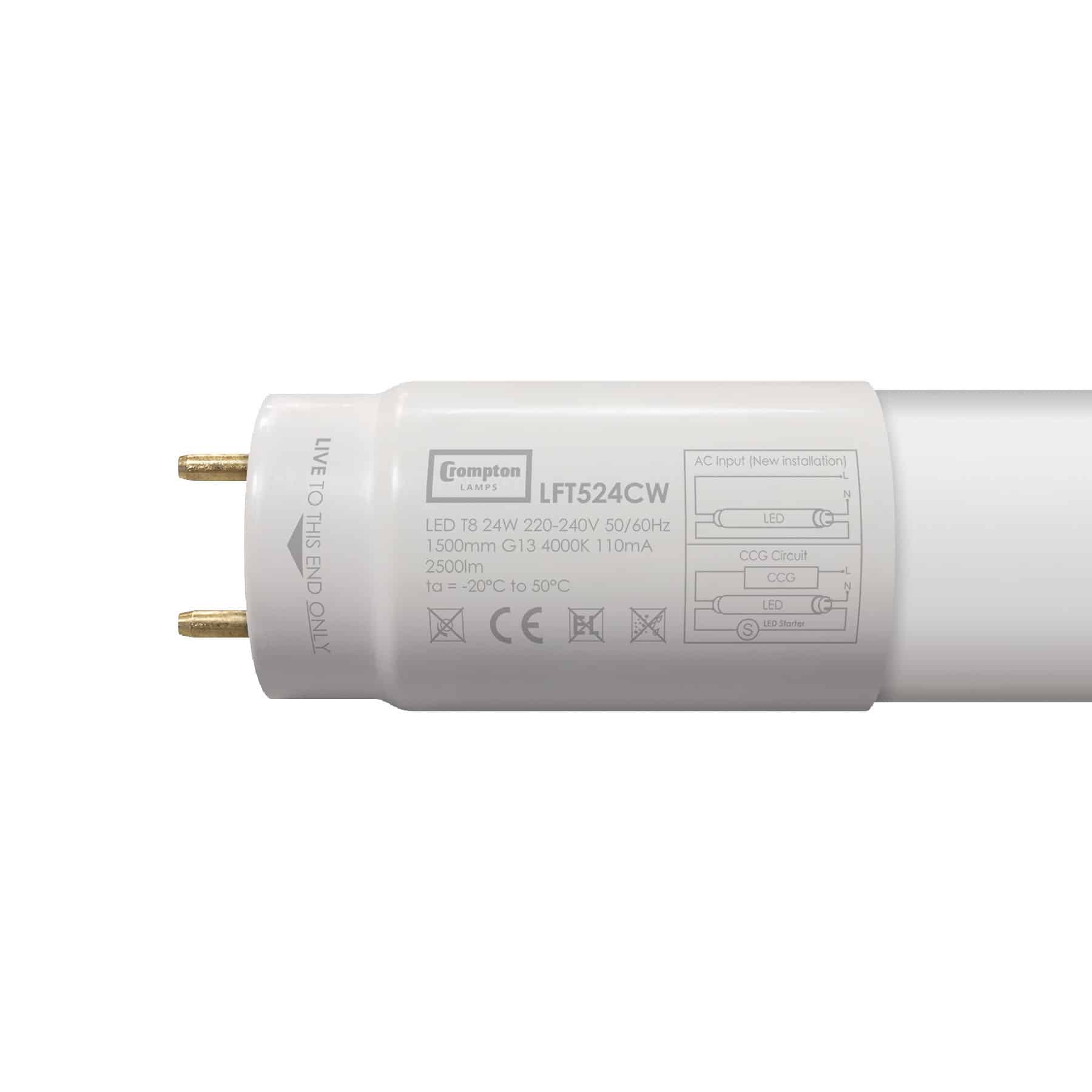 Crompton 24watt T8 5ft LED Tube Colour 4000k Cool White Equivalent To  58watt - See product description for special instructions Tube